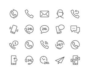 simple set of contact related vector line icons. contains such icons as support, chat, callback and 