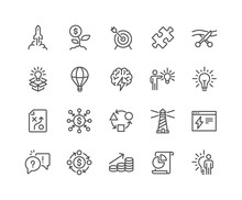 Simple Set Of Startup Related Vector Line Icons. 
Contains Such Icons As Goal, Out Of The Box Idea, Launch Project And More.
Editable Stroke. 48x48 Pixel Perfect.