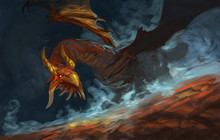Red Dragon Poised With Blue Magic Fog Swirling Around Him  - Digital Fantasy Painting