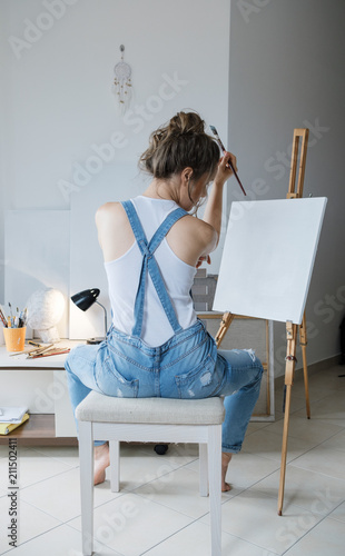 In Search Of Inspiration Sad Woman Painter In Front Of The Canvas