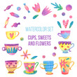 © Xenia800 - Watercolor set with cups, sweets and flowers isolated on white background. Hand drawn illustration with cute elements for design.