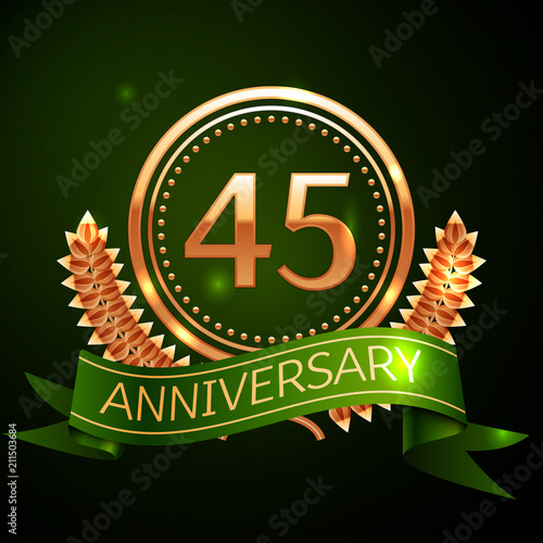 Photographie Realistic Forty five Years Anniversary Celebration Design with Golden Ring and Laurel Wreath, green ribbon on green background