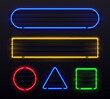 Realistic neon frame. Shiny banner with electric border glow and light vintage bar illuminated frames. Retro glowing borders vector set