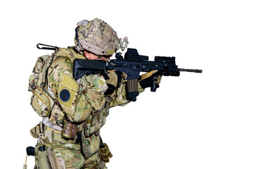 The military or soldier holding machine guns for ready to attack terrorists or bandits. isolated on white background.