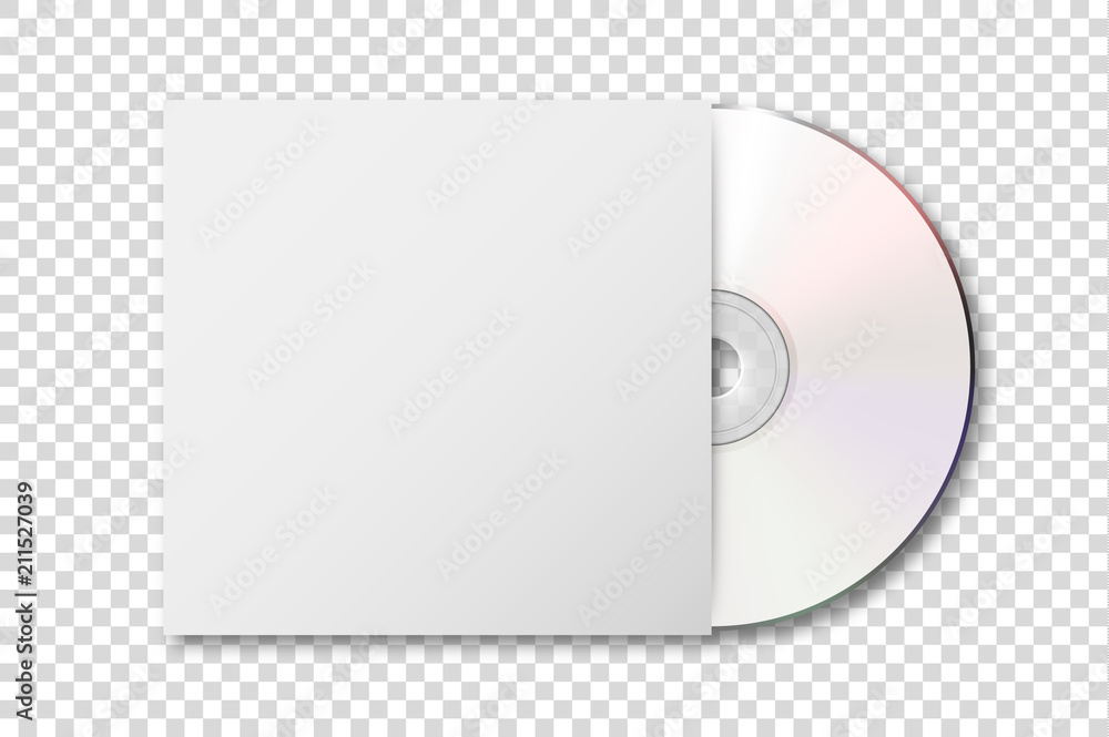 Vector realistic 3d white cd with cover icon isolated on transparency grid background. Design template of packaging mockup for graphics. Top view - obrazy, fototapety, plakaty 