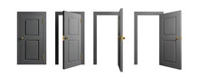 Doors Set. Front View Opened And Closed Door. Realistic Isolated Vector Illustration.