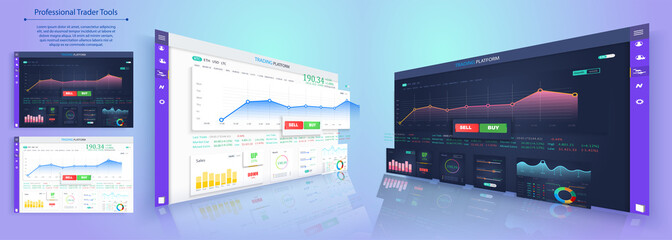 Fototapete - Binary option. All situation on market: Put Call, Win Lost deal. Futuristic user interface. Infographic elements. Abstract virtual graphic touch 3D UI for business app.Screen monitor set web elements