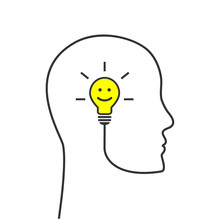 Smiling Lightbulb With Head Silhouette Made Of Wire As Positive Thinking, Optimism And Happiness Concept
