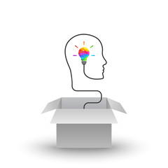 Wall Mural - out of the box thinking concept with open gray cardboard box, colorful lightbulb and wire forming he
