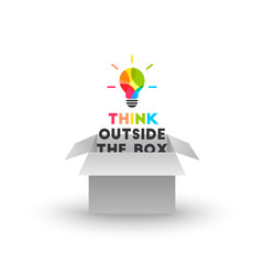 Wall Mural - think outside the box concept with colorful light bulb and text emerging out of gray cardboard box