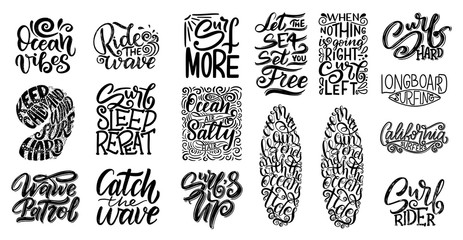 Set of Surf lettering quotes for posters, prints, cards. Surfing related textile design. Vintage illustration.