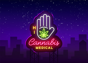 Wall Mural - Marijuana medical neon sign and logo, graphic template in modern trend style. Cannabis is an organic hemp. Green farm Vector Illustration. Billboard
