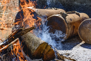 Ethnic drums used in religious festival in Lagoa Santa, Minas Gerais near the fire so that the leather stretch and adjust the sound of the instrument