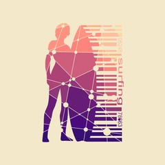 Wall Mural - woman posing with surfboard. surfing emblem for web design or print. bar code connected with silhoue