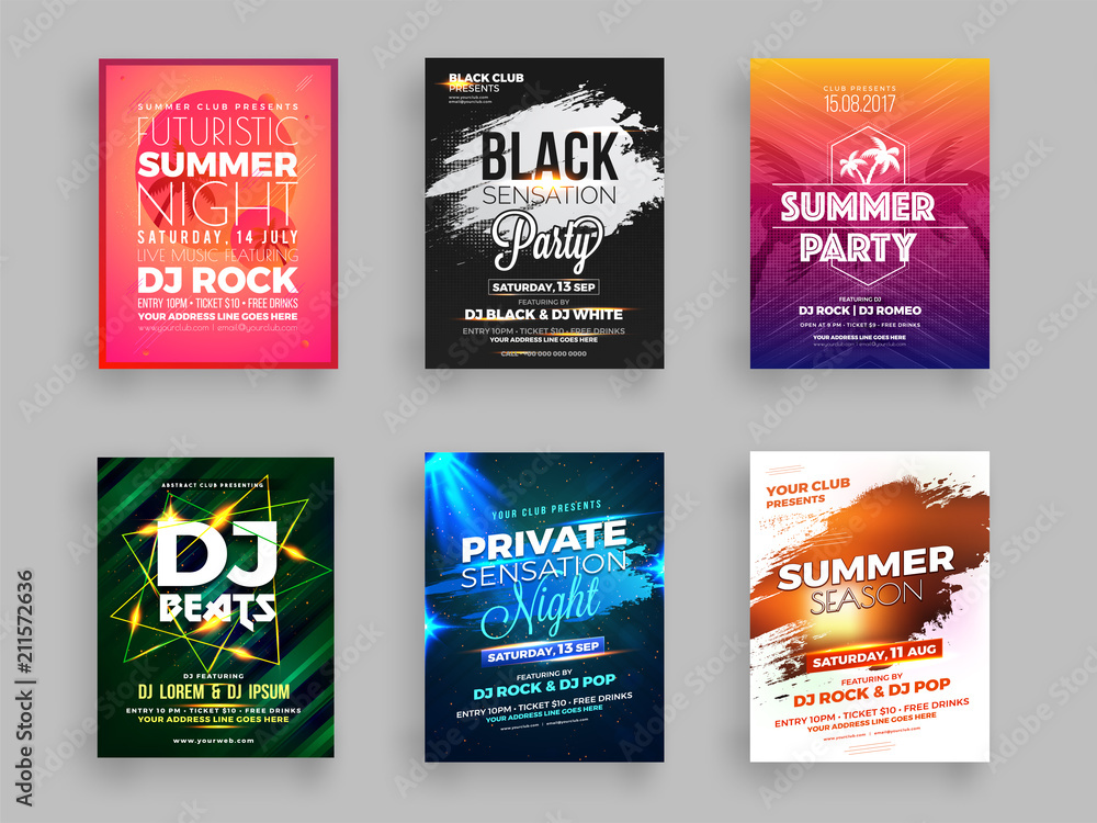 Collection of six Summer party flyer or banner design with time and venue details. - obrazy, fototapety, plakaty 