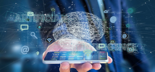 Businessman holding a 3d rendering artificial intelligence concept with a brain and app