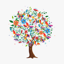 Spring Tree Concept With Color Animals And Flowers