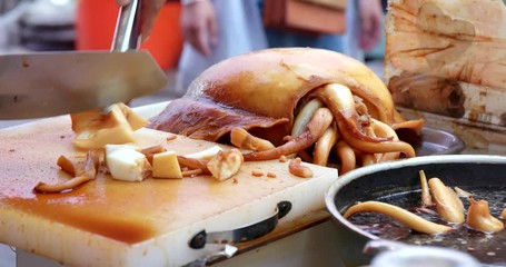 Poster - Cutting soy sauce octopus snack at Hong Kong outdoor city