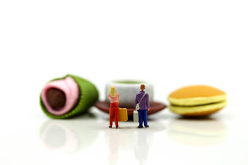 Miniature people : couple of love  with Dessert Japanese traditional confectionery,Sakura Mochi,matcha green tea,Dorayaki