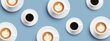 Many Cups Of Coffee And Cappuccino With Latte Art On Blue Background. Top View, Banner For Site.