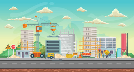Vector game background. Landscape orientation. Panorama with construction