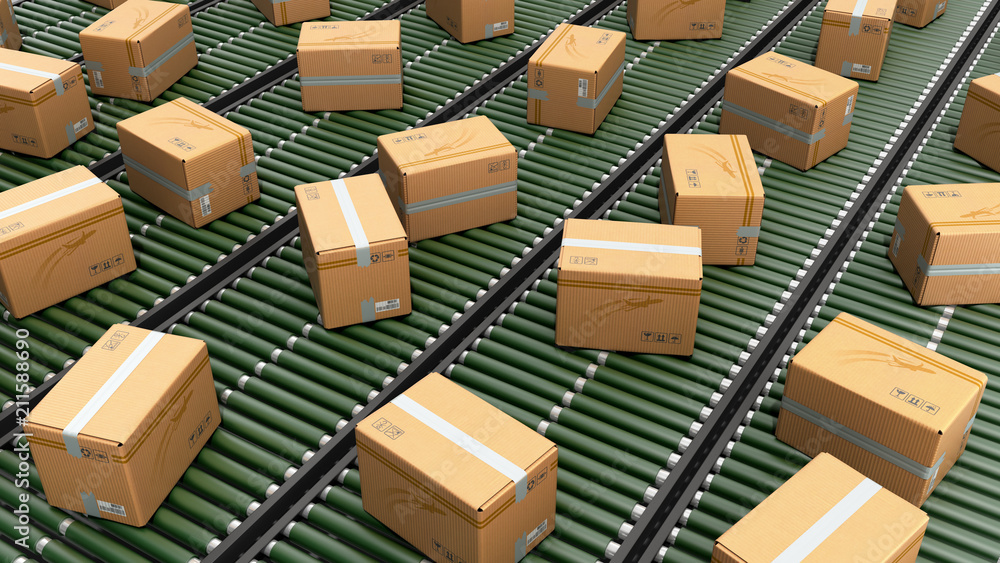 Modern Packages delivery packaging service and parcels transportation system concept cardboard boxes on conveyor 3d render - obrazy, fototapety, plakaty 