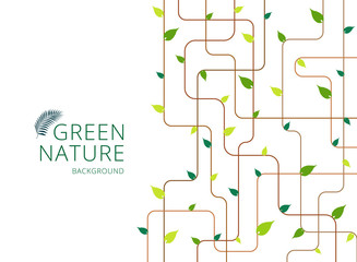 Wall Mural - abstract brown lines with green leaves on white background.