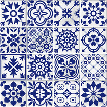 Vector Collection Of  White And Blue Bmosaic Tiles In Oriental Style