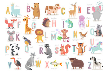 cute animals alphabet for kids education. funny hand drawn style characters.
