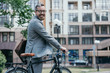 © LIGHTFIELD STUDIOS - bearded handsome businessman standing with bike on street in city