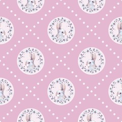 White rabbit and flowers. Watercolor seamless vintage pattern 2