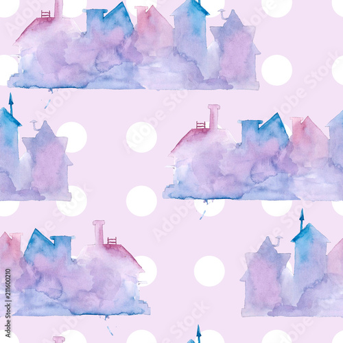 Obraz w ramie Seamless pattern of colored watercolor stains in the shape of houses. Purple blue city on a pink dotted background.