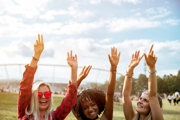 Wall Mural - Friends dancing with hands in the air at summer music festival