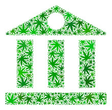 Bank Building Composition Of Weed Leaves In Variable Sizes And Green Tinges. Vector Flat Weed Leaves Are Combined Into Bank Building Composition. Narcotic Vector Design Concept.