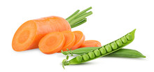 Fresh Clean Carrots With Stems, Ring Slice And Young Peas