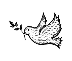 Sticker - Bird with Leaf Flying Silhouette Hand Drawn Sketch