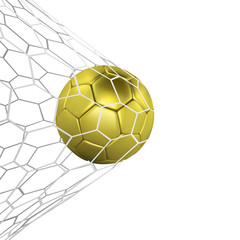 Wall Mural - Vector golden Realistic soccer ball or football ball in net isilated on white background. 3d Style vector Ball. Football game match goal moment