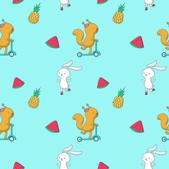 Wall Mural - Summer vector seamless pattern with animals fruits