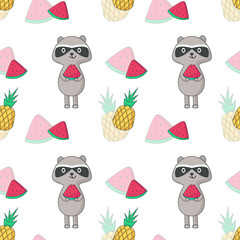 Wall Mural - Summer vector seamless pattern with raccoon