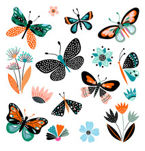 Butterflies And Flowers, Hand Drawn Collection Of Different Elements, Isolated On White
