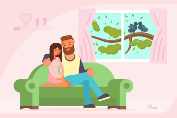 Wall Mural - Couple sitting on sofa vector flat illustration