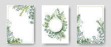 Vector Invitation Cards With Herbal Twigs And Branches Wreath And Corners Border Frames. 