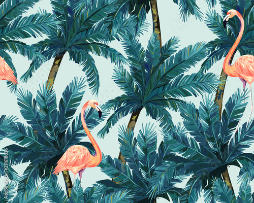 Naklejka dekoracyjna Exotic summer print. Seamless pattern with palm tree and flamingo. Watercolor style.Vector illustration