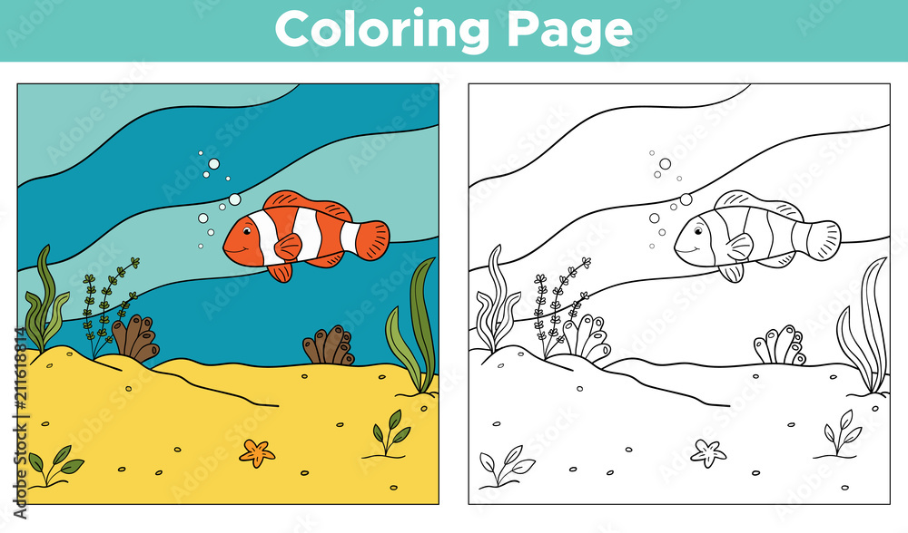 Educational game for preschool kids. Coloring page underwater. Cartoon ...
