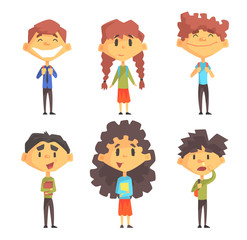 Sticker - Funny disciples of elementary school. Cute boys and girls with backpacks on shoulders and books in hands. Flat vector set