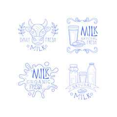 Poster - Vector set of sketch labels for dairy production business. Monochrome emblems with cow head, milk splashes, bottles and glass with cookies