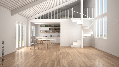 Minimalist Open Space White Kitchen With Mezzanine And