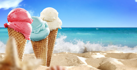 Wall Mural - Summer photo of icecream and beach background 