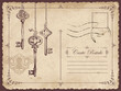 © paseven - Retro vector postcard with old keys and keyhole, with place for text on old beige background in vintage style with rubber stamp