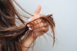 Leinwandbild Motiv Girl holding her hair in her hand. Hair care concept. Shampoo. Haircut needed.
